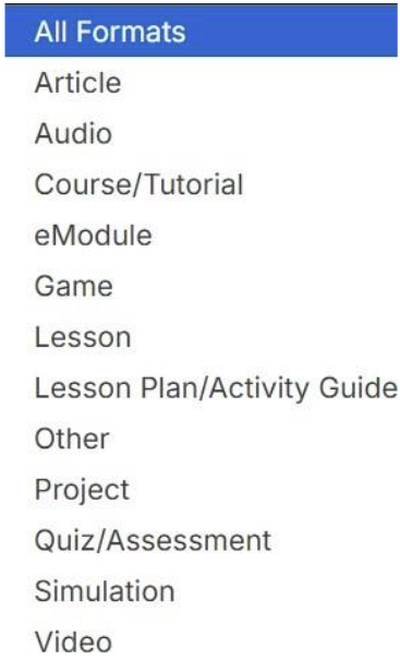 A close-up screenshot of a list of words listing all formats
